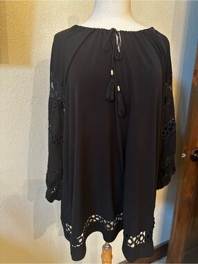 Jones New York Black Lace-Trim Peasant Blouse